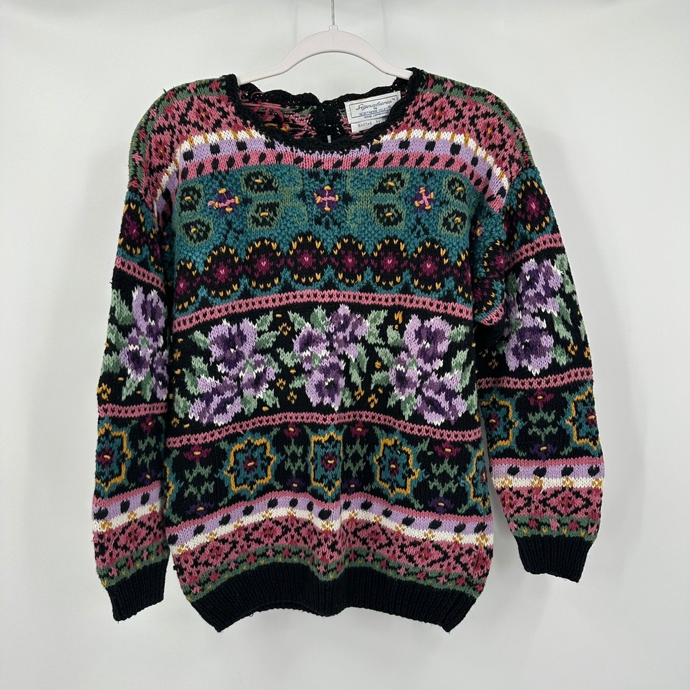 Signatures Northern Isles Vintage Hand Knit Fair Isle Sweater Sz M Cottagecore